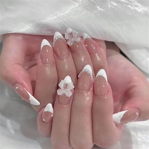 Amazon Short Press On Nails Almond Mabkjlf French Tip Fake Nails Nude Full Cover Pearl Bow