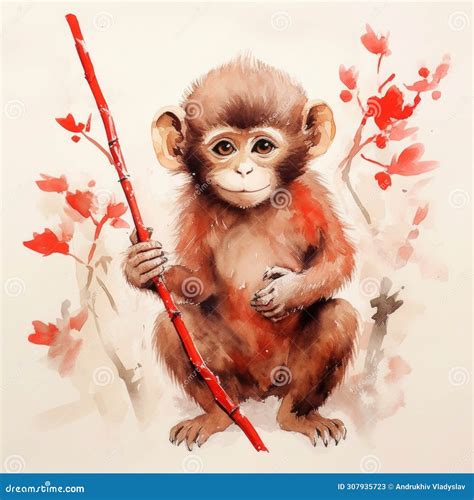 Cute Monkey Holding A Red Envelop Chinese Brush Painting Stock