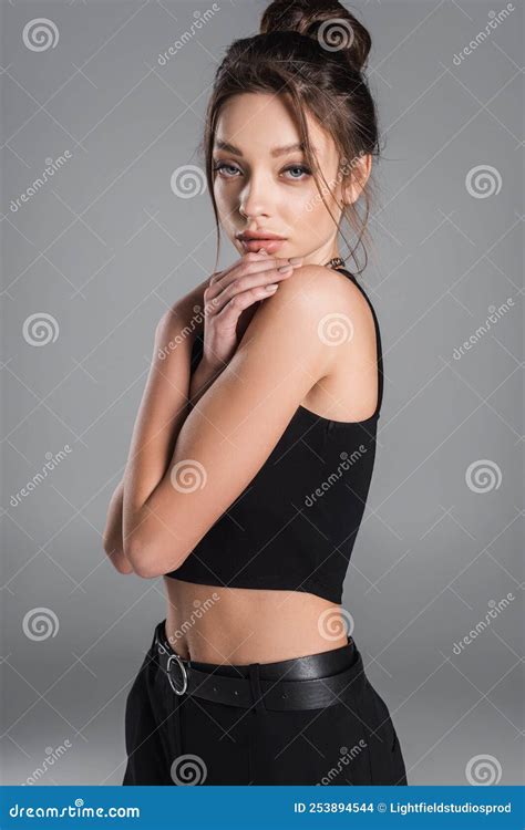 Seductive Brunette Woman Hugging Herself And Stock Photo Image Of Visage Casual