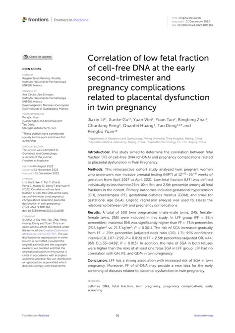 Pdf Correlation Of Low Fetal Fraction Of Cell Free Dna At The Early