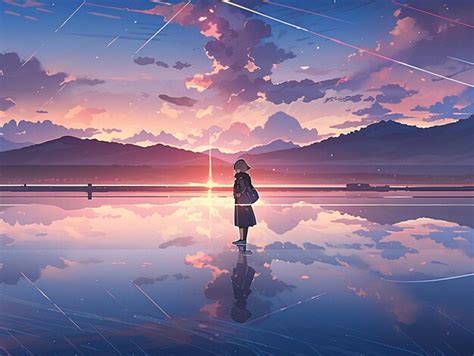 Premium Photo | Anime scene of a woman standing on a beach looking at the sunset generative ai