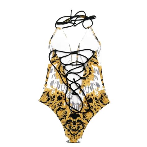 FREE SHIPPING Print Lace Up Bikini V Neck Swimsuit One Piece Halter
