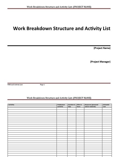 Wbs And Activity List For Project Name Pdf