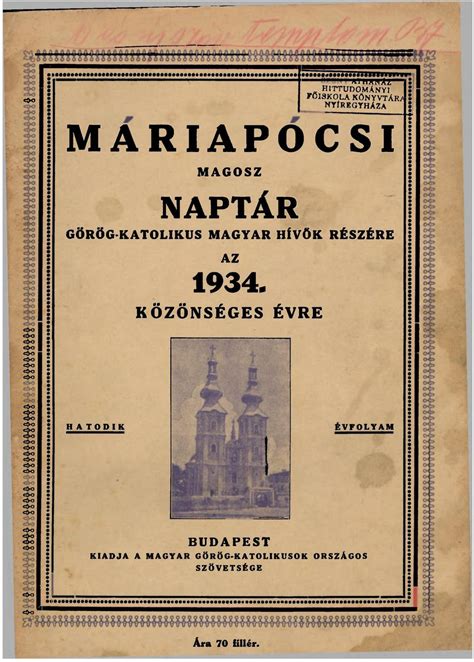 MARIAPOCSI MAGOSZ NAPTÁR GÖRÖG KATOLIKUS MAGYAR HÍVŐK RÉSZÉRE