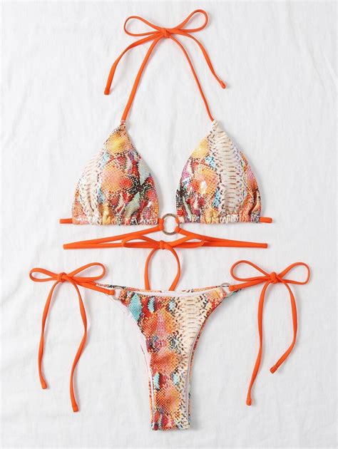 SHEIN Swim Snakeskin Bikini Set Ring Linked Halter Triangle Bra Tie