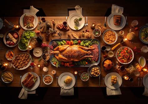 Traditional Family Thanksgiving Dinner Served on Wood Table from Above