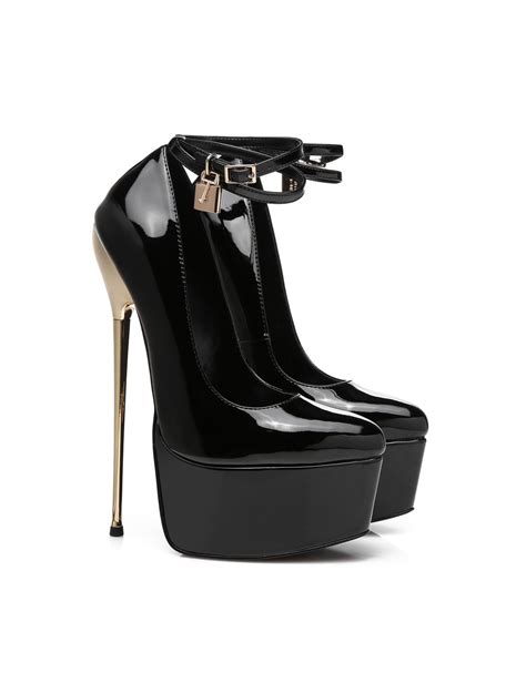 Black Shiny Essence Giaro Slick Platform Pumps With Lock And Ankle Strap