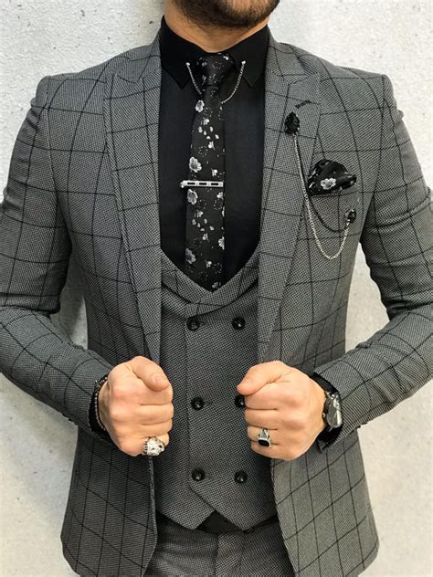 Lancaster Gray Slim Fit Plaid Check Suit Bespoke Daily