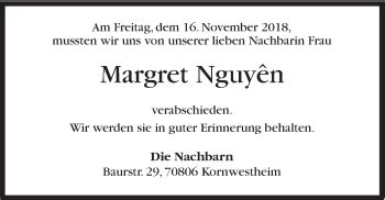 Traueranzeigen Von Margret Nguyen Stuttgart Gedenkt De