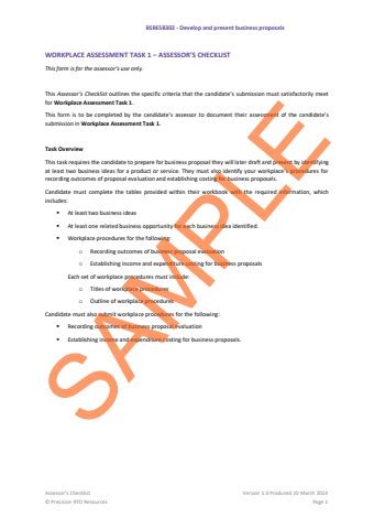 BSBESB302 Workplace Assessment Task 1 Assessor S Checklist V1 0