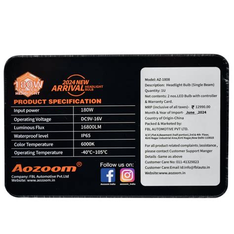 Aozoom 180W Headlight Bulb 6000K AZ1808-H7/H18 – CARPLUS