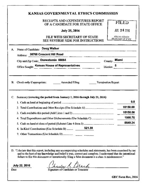 Fillable Online Ethics Ks Receipts And Expenditures Report Fileo Of A