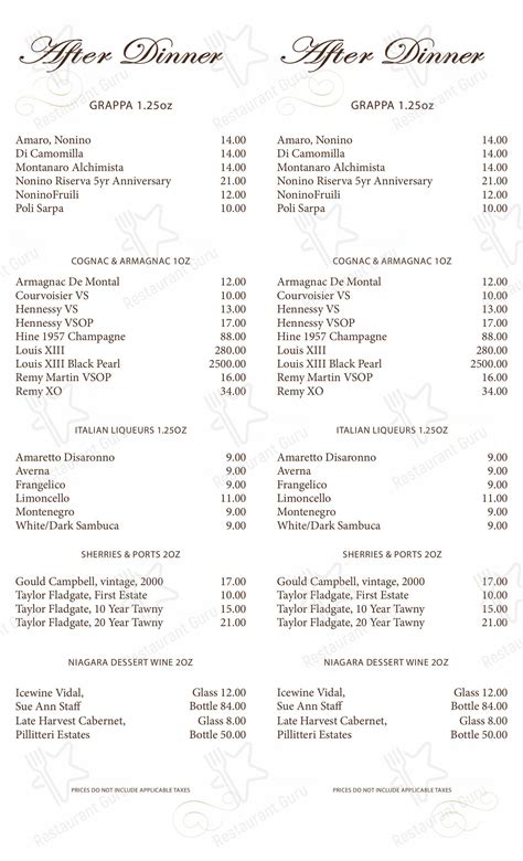 Menu at Ponte Vecchio steakhouse, Niagara Falls