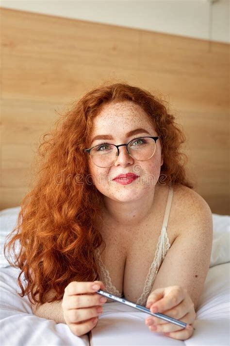 Red Haired Chubby Woman In Lingerie Lies On Bed Have Rest Stock Image Image Of Hairstyle