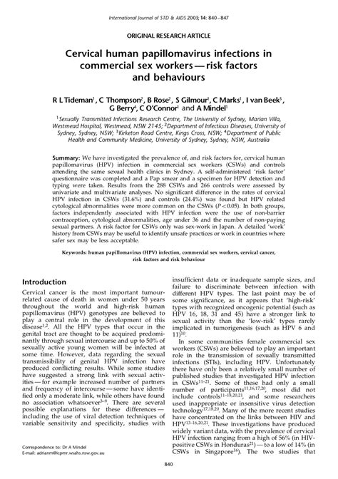 PDF Cervical Human Papillomavirus Infections In Commercial Sex Workers Risk Factors And