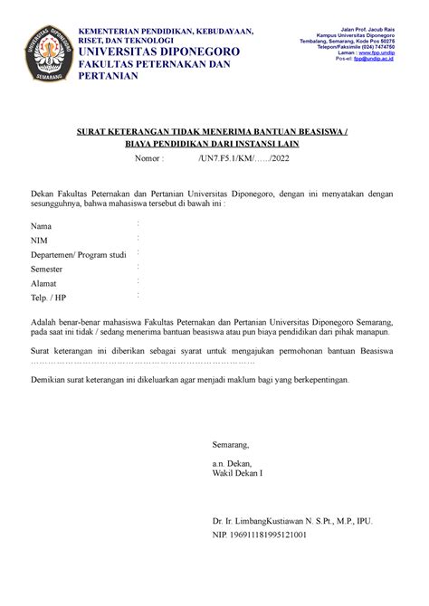 0101 Surat Keterangan Tidak Menerima Bantuan Beasiswa Nov 22