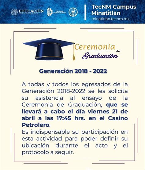 AVISO IMPORTANTE CEREMONIA DE GRADUACIÓN TecNM Instituto