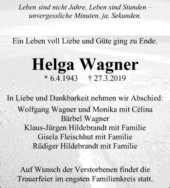 Traueranzeigen Von Helga Wagner Zvw Trauer