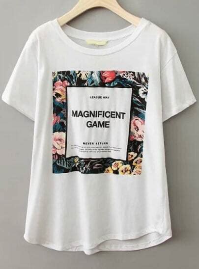 White Short Sleeve Floral Monogram Print T Shirt Shein Sheinside