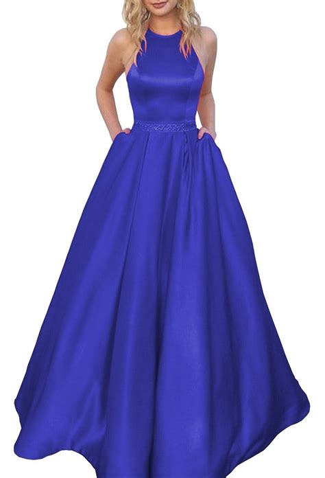 Womens Halter A Line Beaded Satin Evening Prom Dress Long Formal Gown