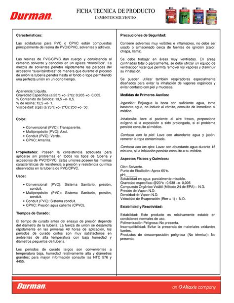 Soldadura Pvc Durman Para Informe Técnico De Químicos Sga Ficha