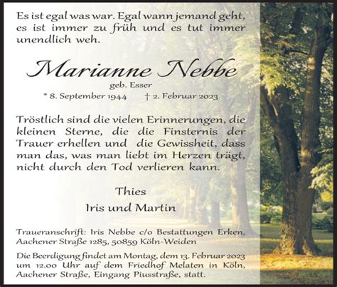 Traueranzeigen Von Marianne Nebbe Wirtrauern