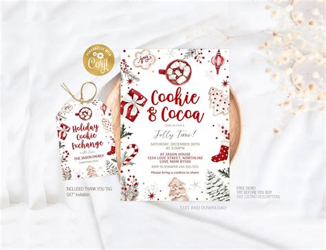 Editable Cookies And Cocoa Invitation Christmas Winterparty Invitation