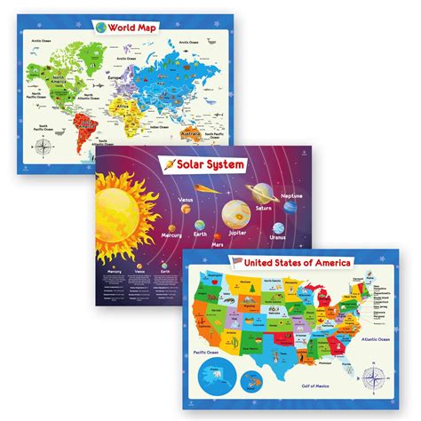 3 Pack - Solar System Poster, World Map Poster for Kids Wall and United ...