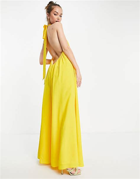 Asos Design Halter Neck Backless Wide Leg Jumpsuit In Yellow Asos