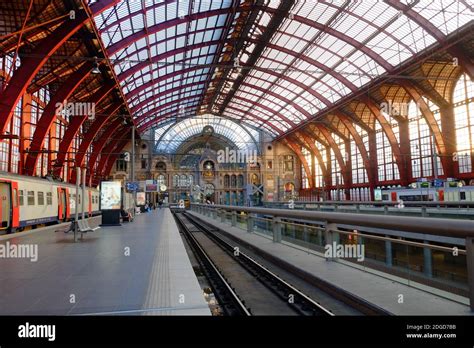 Antwerp Belgium May Trains Waiting At The Platform For