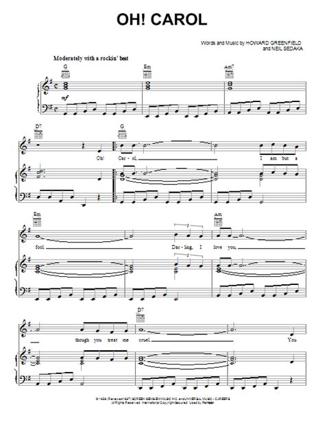 Oh Carol By Neil Sedaka Sheet Music For Piano Vocal And Guitar Chords