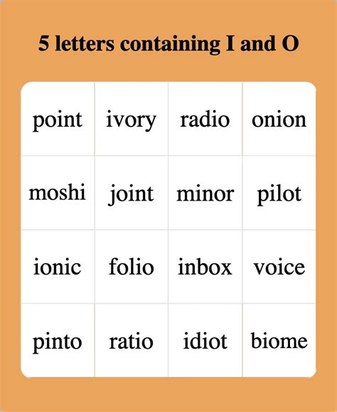 5 Letter Words Containing I And O Bingo Card Creator