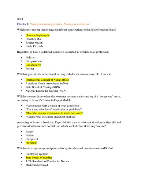 Test 1 Foundations Practice Test Test 1 Chapter 1 Nursing And