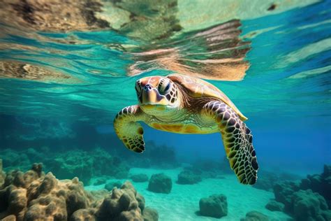 Hawaiian Green Sea Turtle Swimming In The Deep Blue Ocean Green Sea