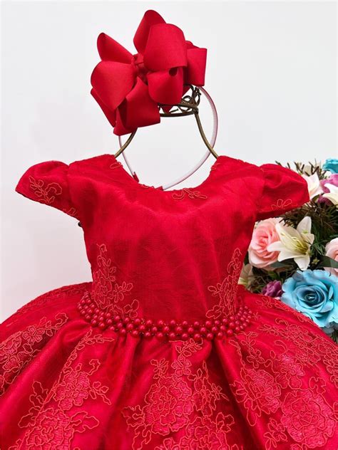 Vestido Infantil Vermelho Renda Realeza Cinto P Rolas Luxo Rosa