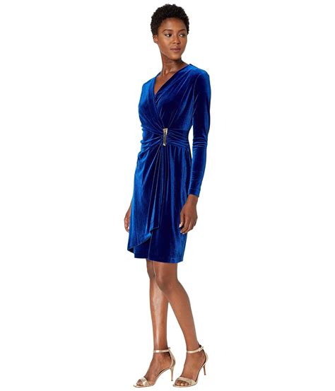 Calvin Klein Faux Wrap Velvet Dress With Side Tab In Blue Lyst