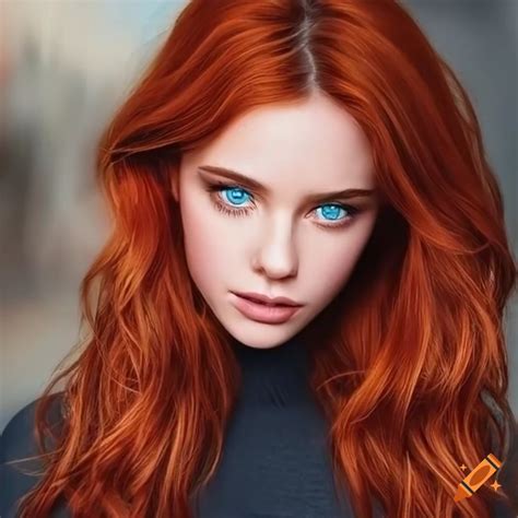 Hyperrealistic Portrait Of A Woman With Red Hair And Blue Eyes On Craiyon