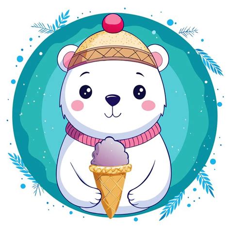 Cute Polar Bear Wearing A Hat And Scarf Holding An Ice Cream Cone