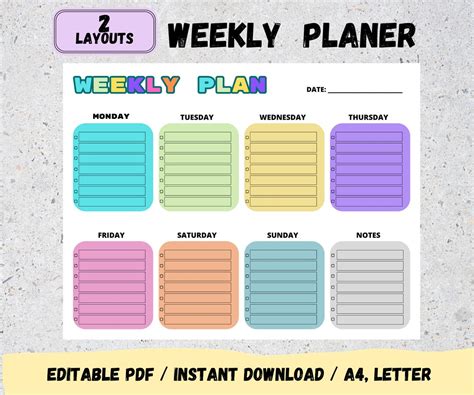 Editable Weekly Planner Printable, Digital Weekly Planner PDF Weekly ...