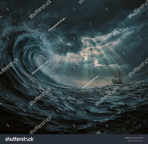 Illustration Ship Storm Gigantic Waves Stock Photo 2044184978 | Shutterstock