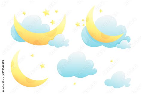 Night Sky With Stars And Moon Objects Isolated Clipart Collection For