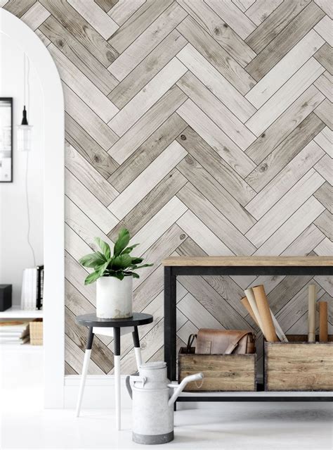 Herringbone Whitewashed Barn Wood Planks Mural Wallpaper Accent Wall