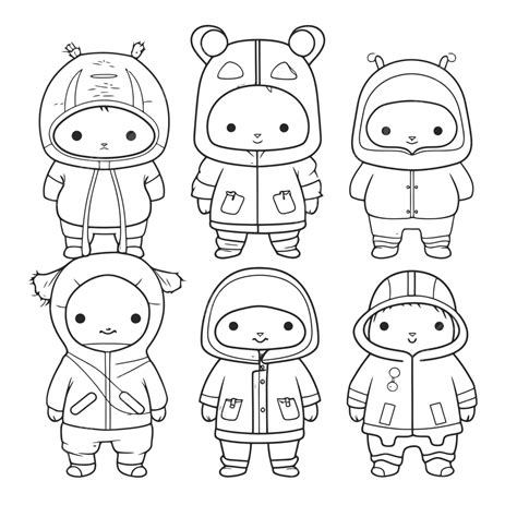 Coloring Page With Kawaii Cartoon Animal In Various Clothing Outline