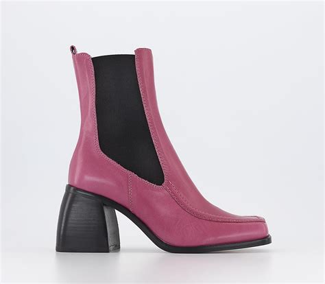 Office Axel Square Toe Apron Block Heel Ankle Boots Pink Leather Womens Chelsea Boots