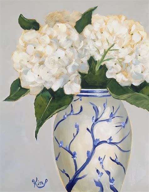 White Hydrangeas In Blue And White Vase Painting By Kim Peterson