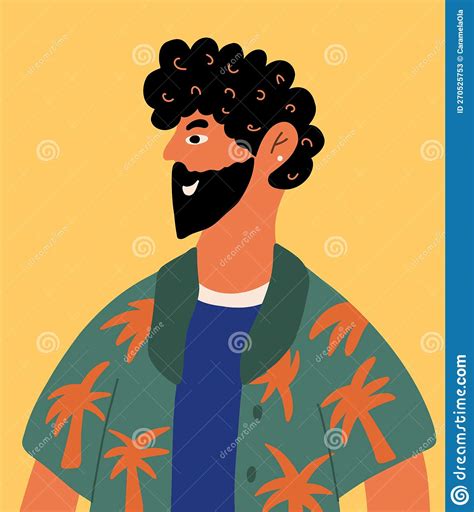 Portrait Of A Bearded Happy Man In A Hawaiian Shirt With Palm Trees