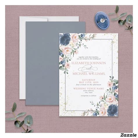 Light Dusty Blue Blush Pink Gold Floral Wedding In Invitation Zazzle In 2022 Floral Wedding