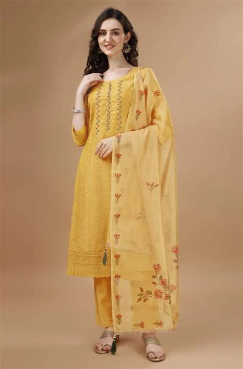 Buy Mojilaa Women S Gold Chanderi Silk Bored Schiffli Embroidered