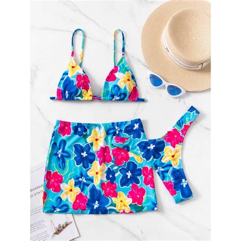 Sexy Thong Bikini Triangle Swimsuit Women Floral Print Swimwear Female Skirt Pieces Set