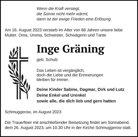 Traueranzeigen von Inge Gräning Trauer Nordkurier